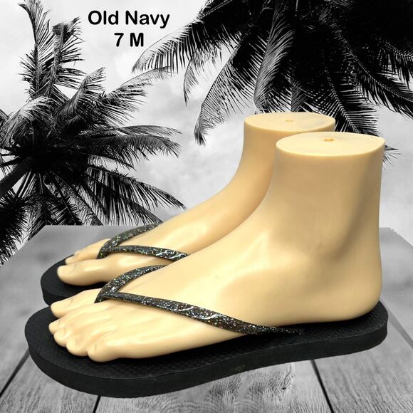 Old Navy Black Black‎ Glitter Slip On Flip Flop Sandal Womens Size 7 M - Picture 1 of 10